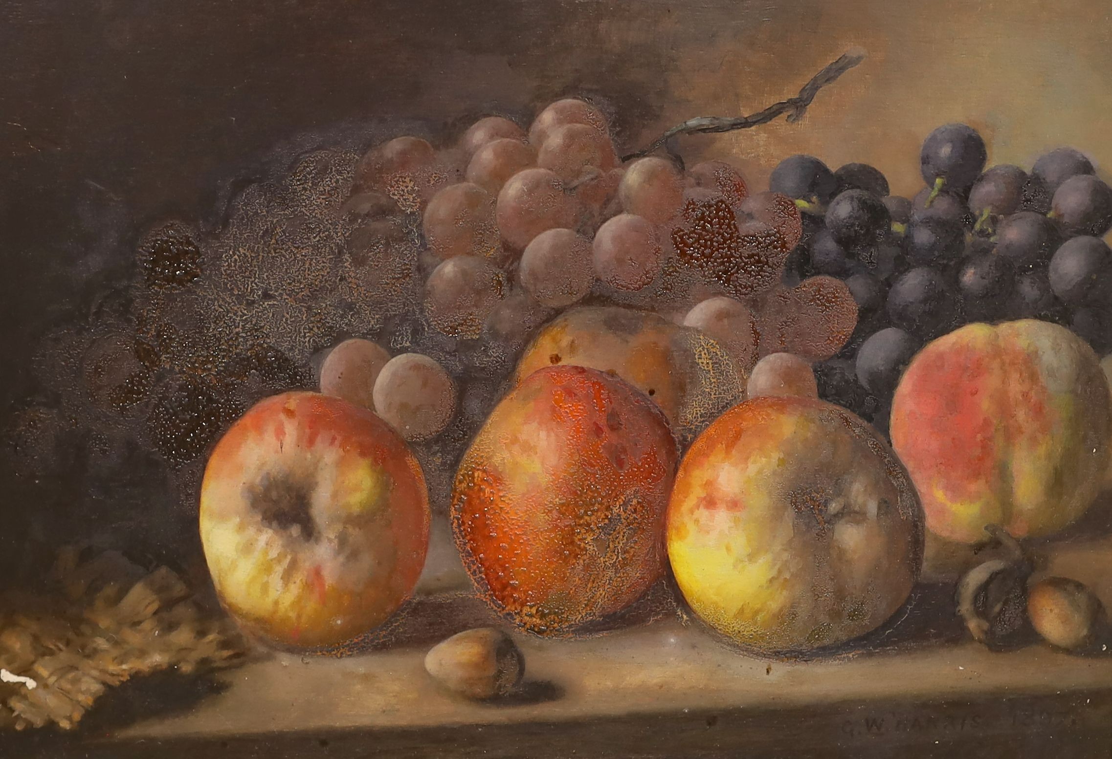 George Walter Harris (fl.1864-1893), oil on board, Still life of fruit, signed and dated 1897, 24 x 34cm